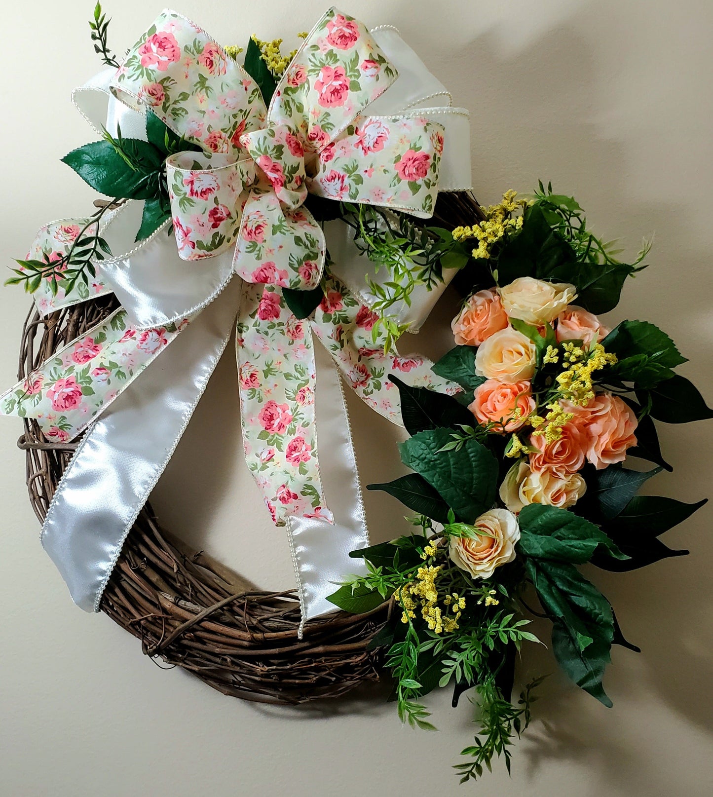 Peach Bloom Haven – Handmade Spring Rose Grapevine Wreath
