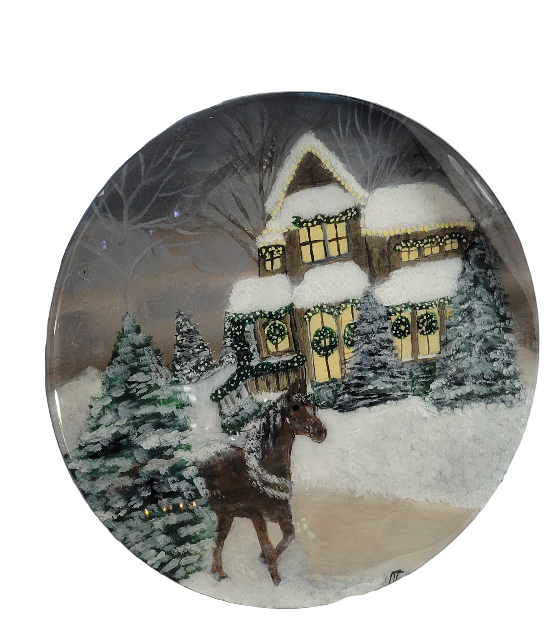 Hand-painted artwork on birch wood featuring a snow-covered cottage with Christmas decorations and a horse in a winter landscape, sealed with a glossy epoxy resin finish.
