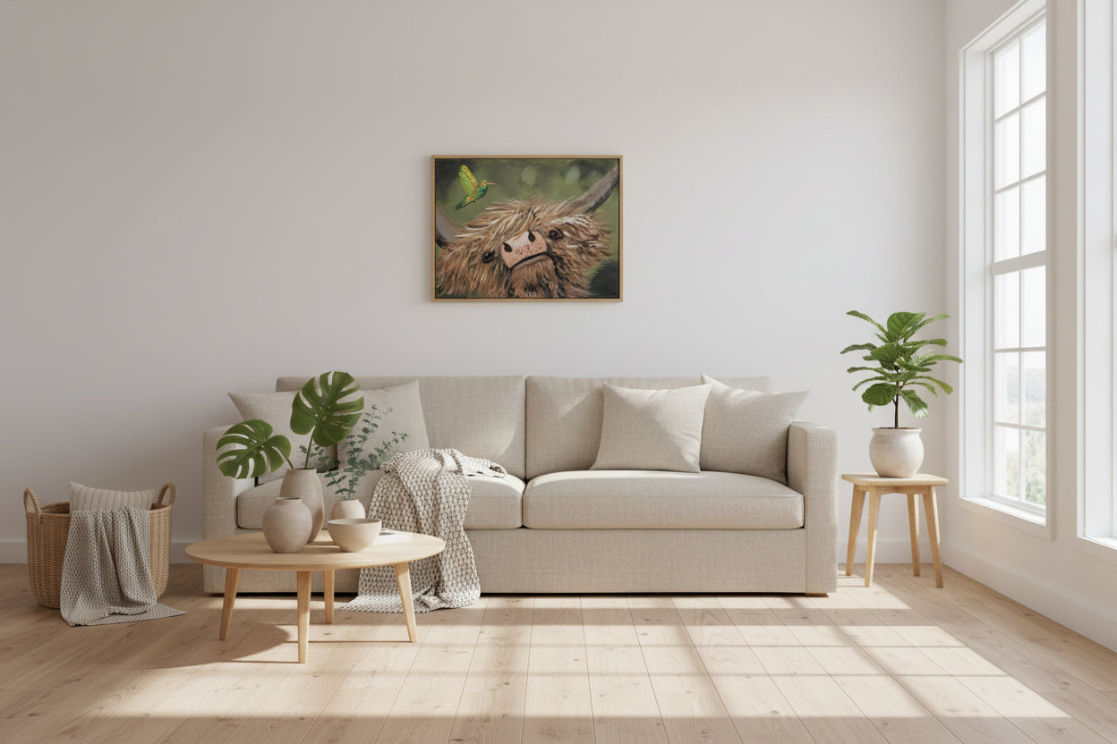 Meadow Whimsy – Highland Cow & Hummingbird Canvas Wall Art