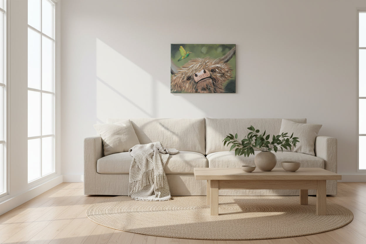 Meadow Whimsy – Highland Cow & Hummingbird Canvas Wall Art