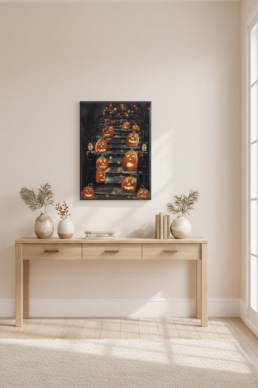 Hand-painted canvas wall art featuring a series of jack-o'-lanterns with various expressions on a staircase, accompanied by leaves and lanterns, with a glossy finish.