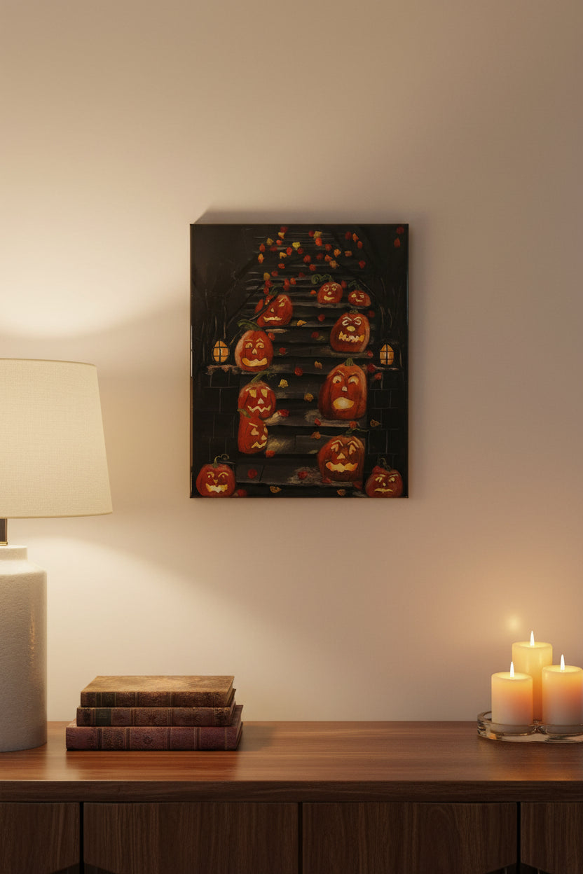 Decorative wall art with carved pumpkins and autumn leaves on a black background