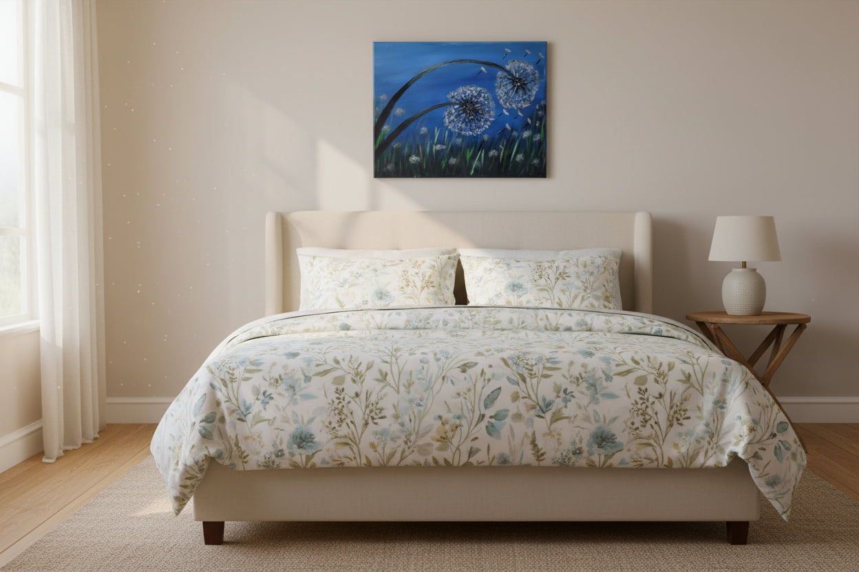 Living room with bookshelves, a chair, and a painting of a blue flower on the wall.