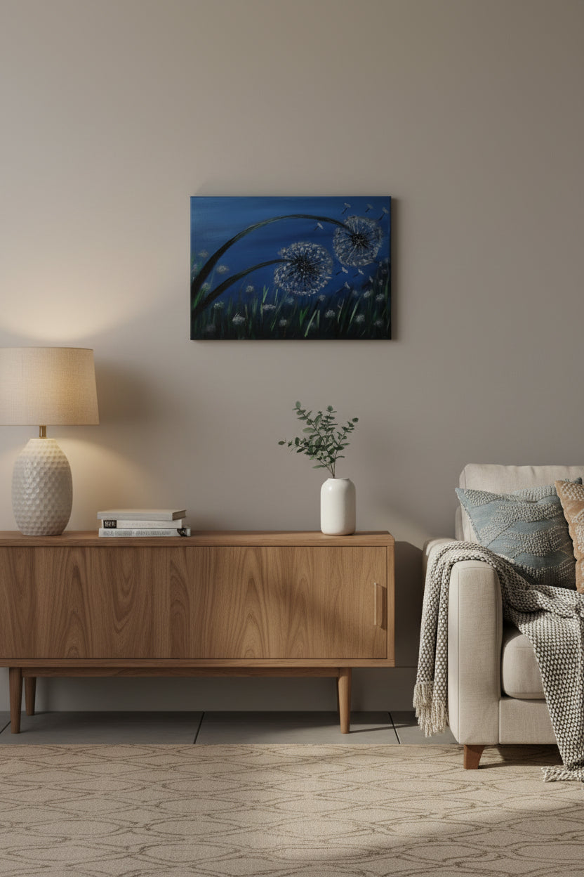 Painting of dandelions against a blue sky on a white background