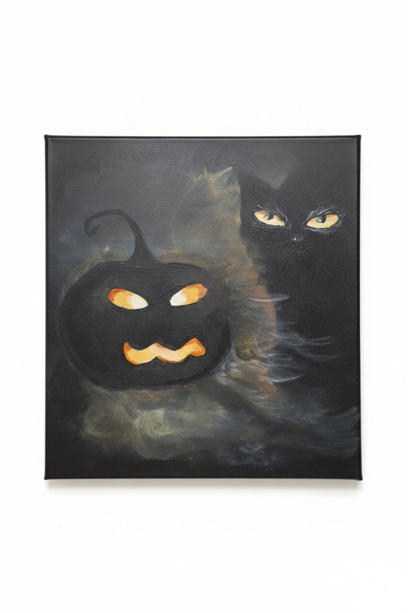 Painting of a black cat with glowing eyes on a dark background