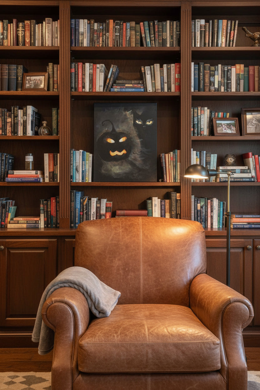 Painting of a black cat and jack-o'-lantern on a textured white background