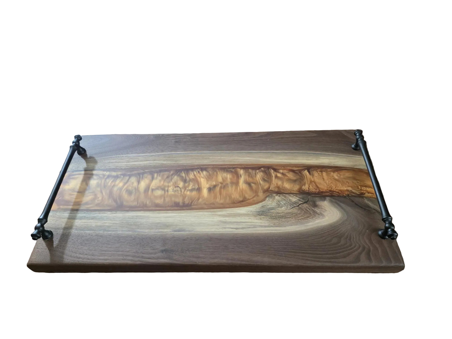 Wooden tray with metal handles on a white background