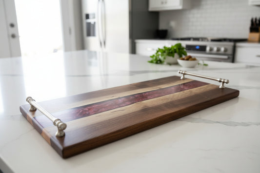 Wooden cutting board with a red meat strip on a wooden surface