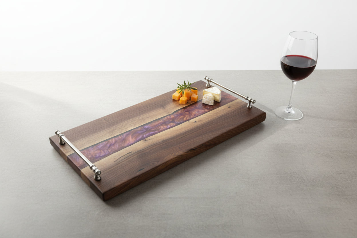 Wooden tray on a table with a blurred background
