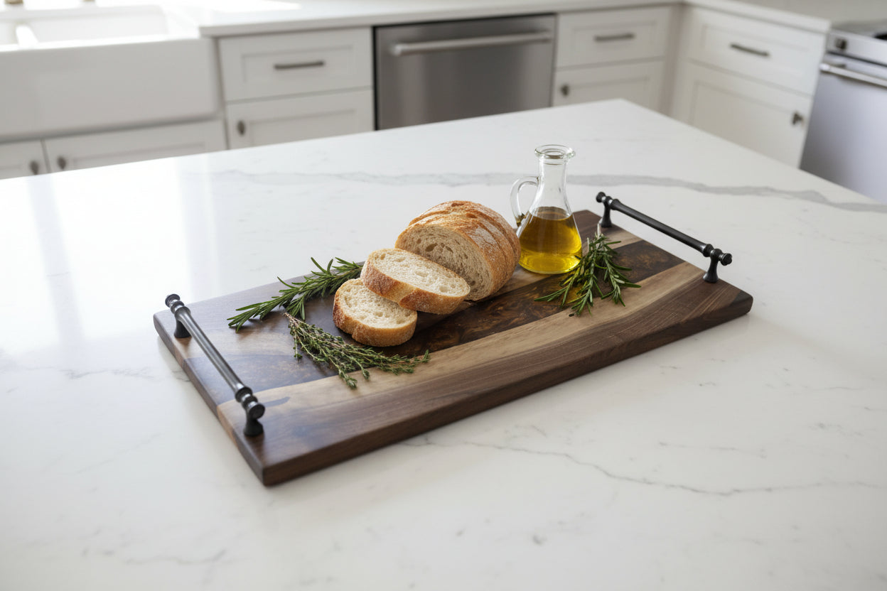 Wooden cutting board with black metal handles on a wooden surface