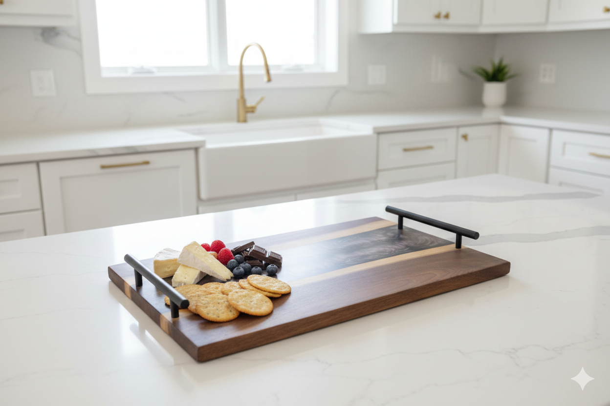 Wooden serving board with appetizers on a kitchen counter