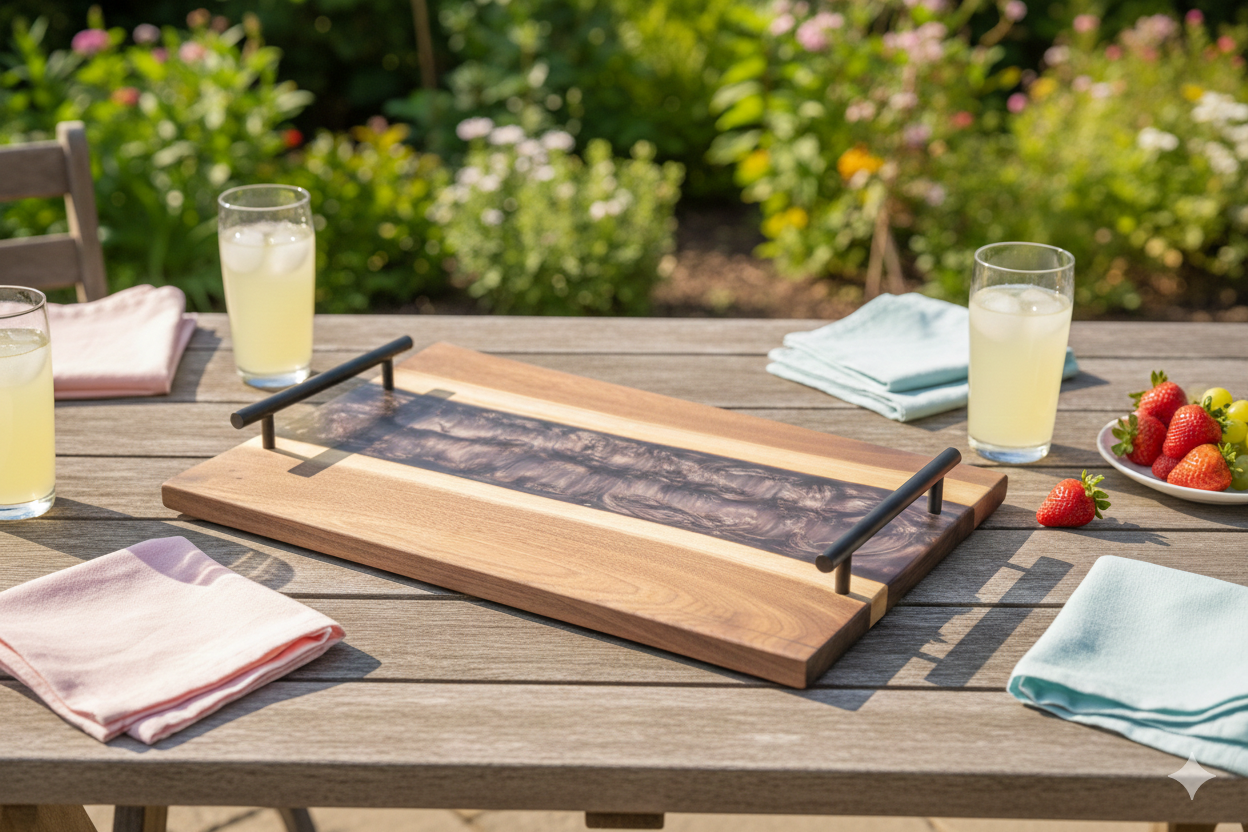 Wooden serving tray on a table outdoors with drinks and snacks.