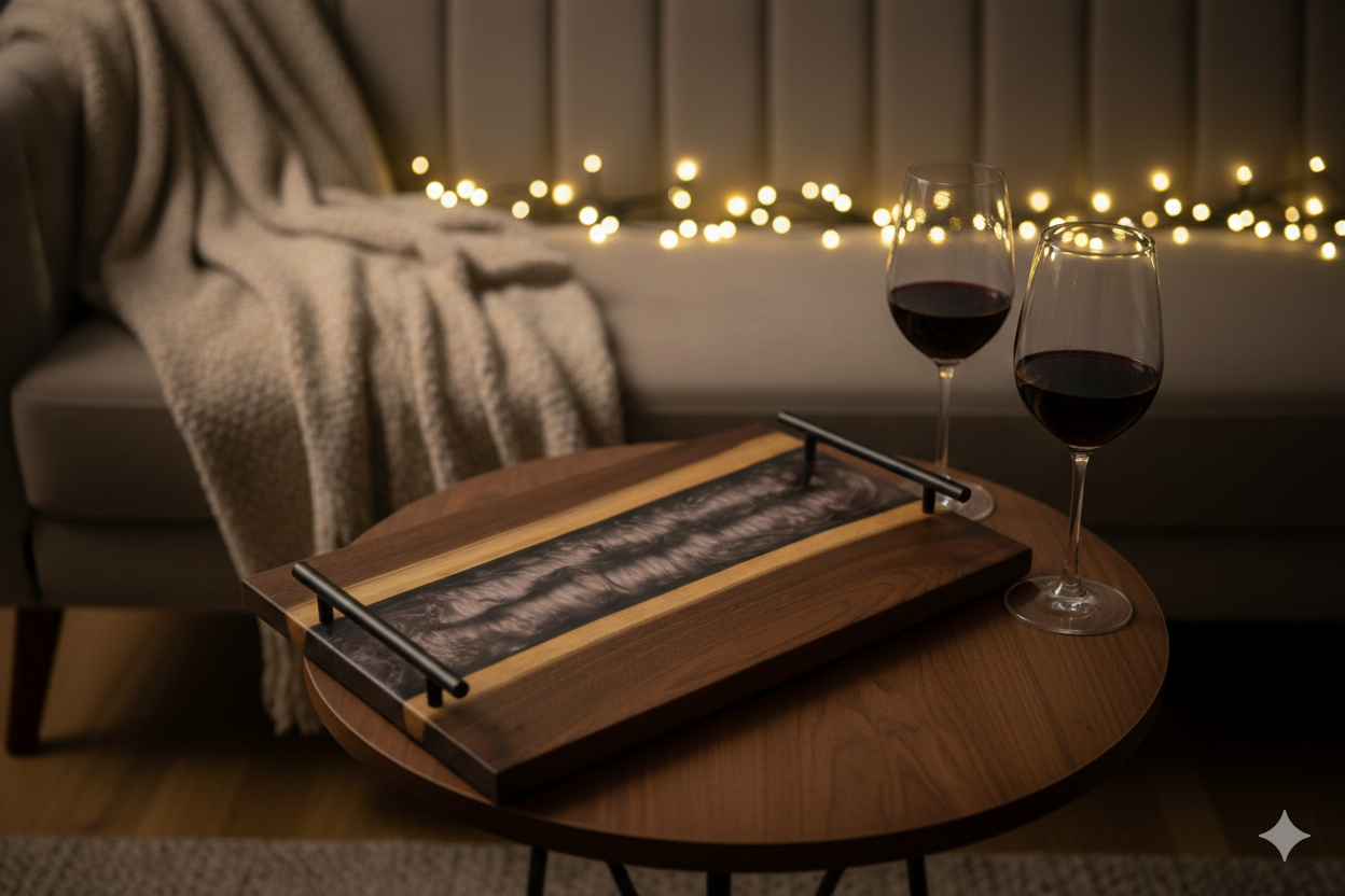 Two glasses of red wine on a wooden tray with a cozy living room background.