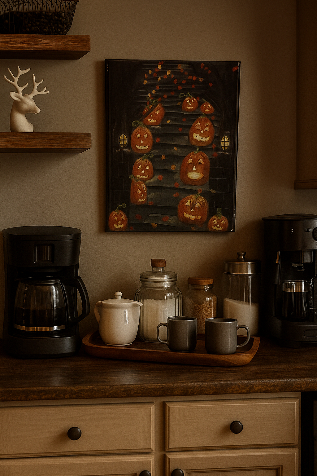 Kitchen counter with coffee maker, mugs, and decorative pumpkin painting on wall.