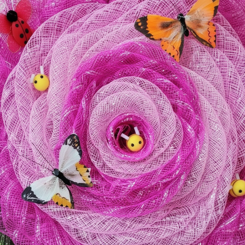 Petals & Pollinators – Pink Garden Mesh Wreath