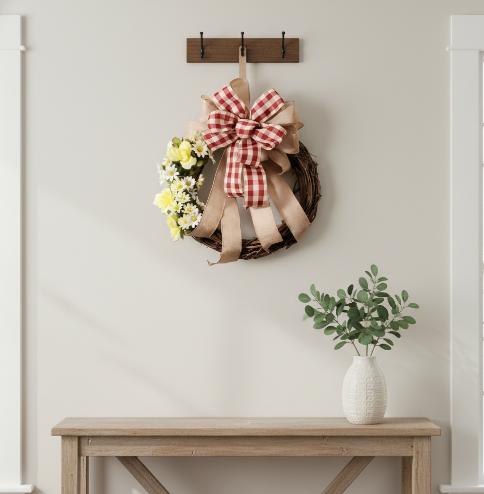 Countryside Bloom – Red Gingham & Burlap Grapevine Wreath