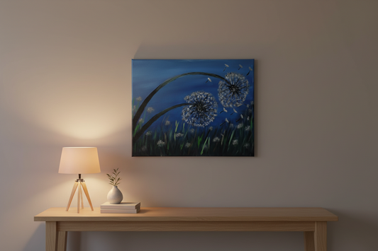 Painting of dandelions with seeds blowing against a blue sky