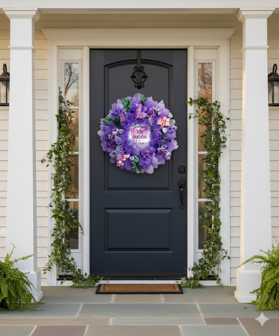 Front door with a decorative wreath featuring purple flowers and text, flanked by columns and plants.