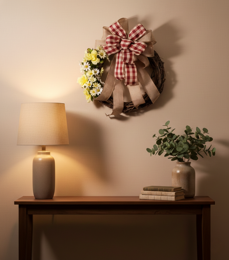 Countryside Bloom – Red Gingham & Burlap Grapevine Wreath