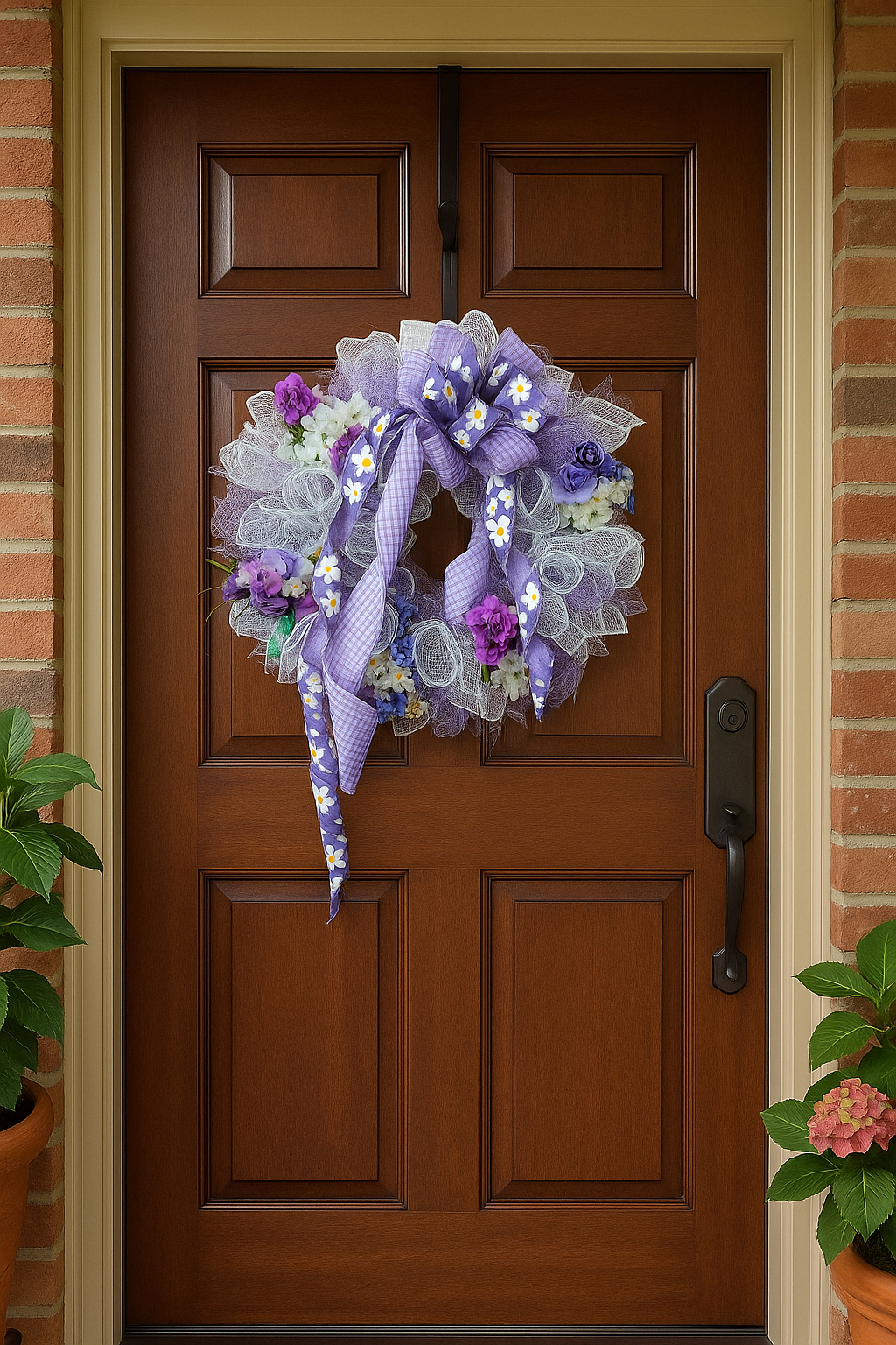 Decorative wreath with purple ribbon on a wooden door with brick walls.