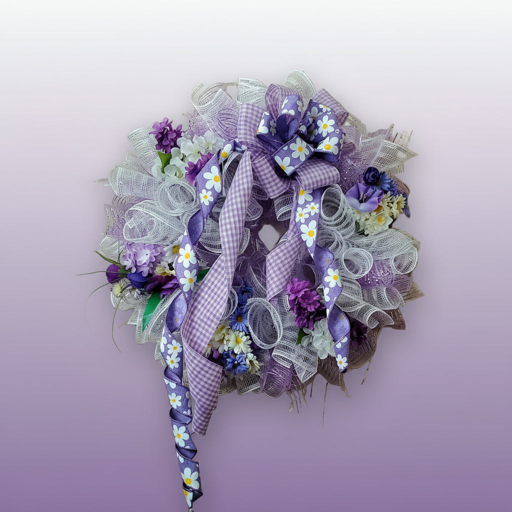 Decorative wreath with purple and white ribbons and flowers on a light purple background