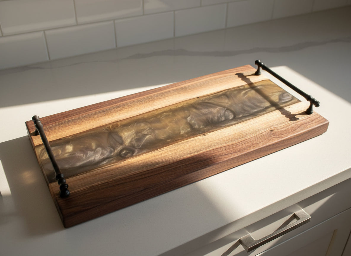 Wooden cutting board with metal handles on a patterned fabric background