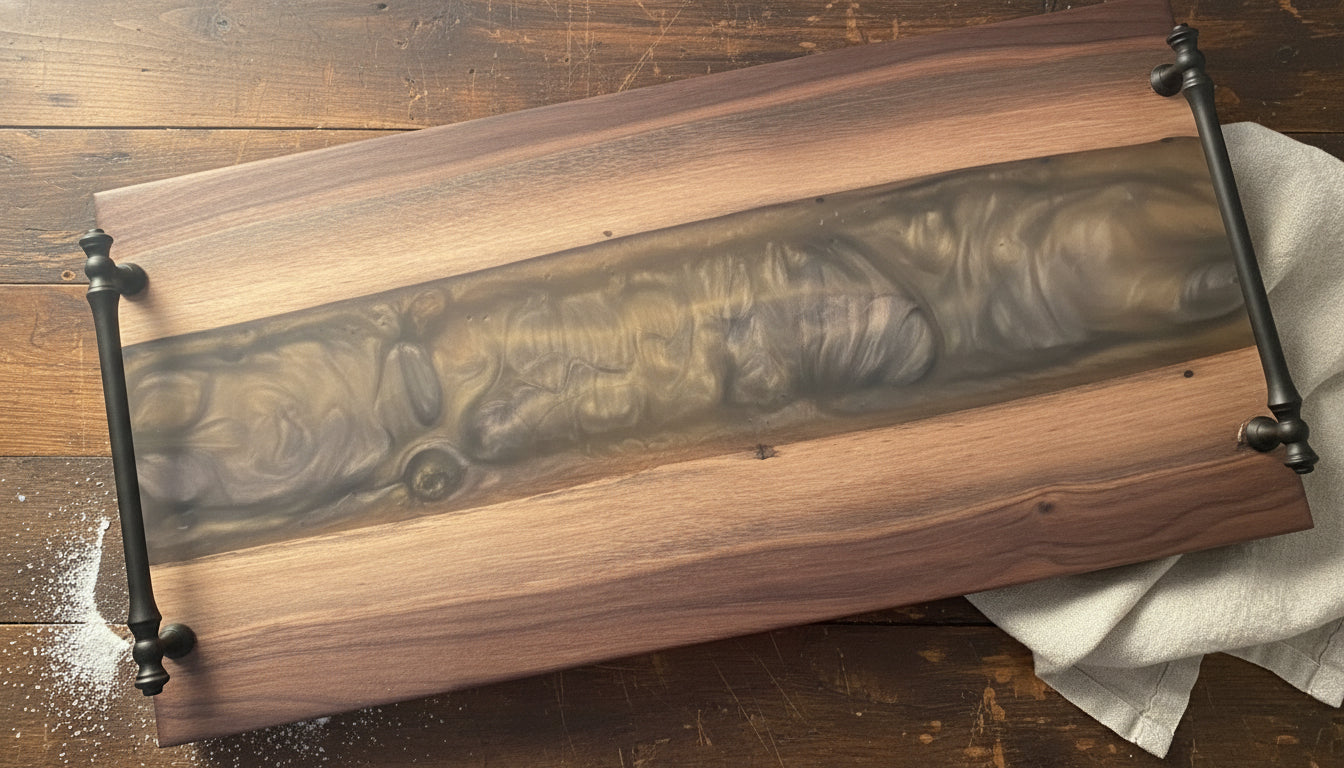 Wooden cutting board with metal handles on a patterned surface