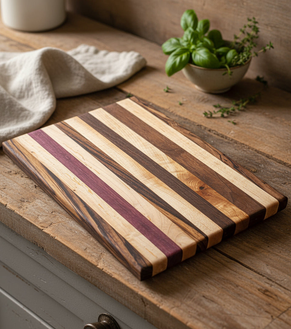 Wooden cutting board with striped pattern on a gray surface