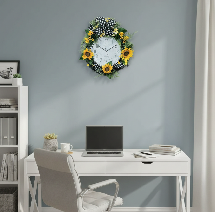 Decorative wall clock with floral design above a white desk in an office setting.